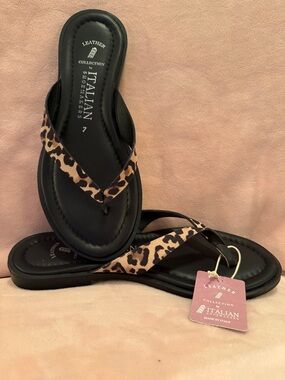 Italian Shoemakers Black Sandals with Leopard-Print Straps